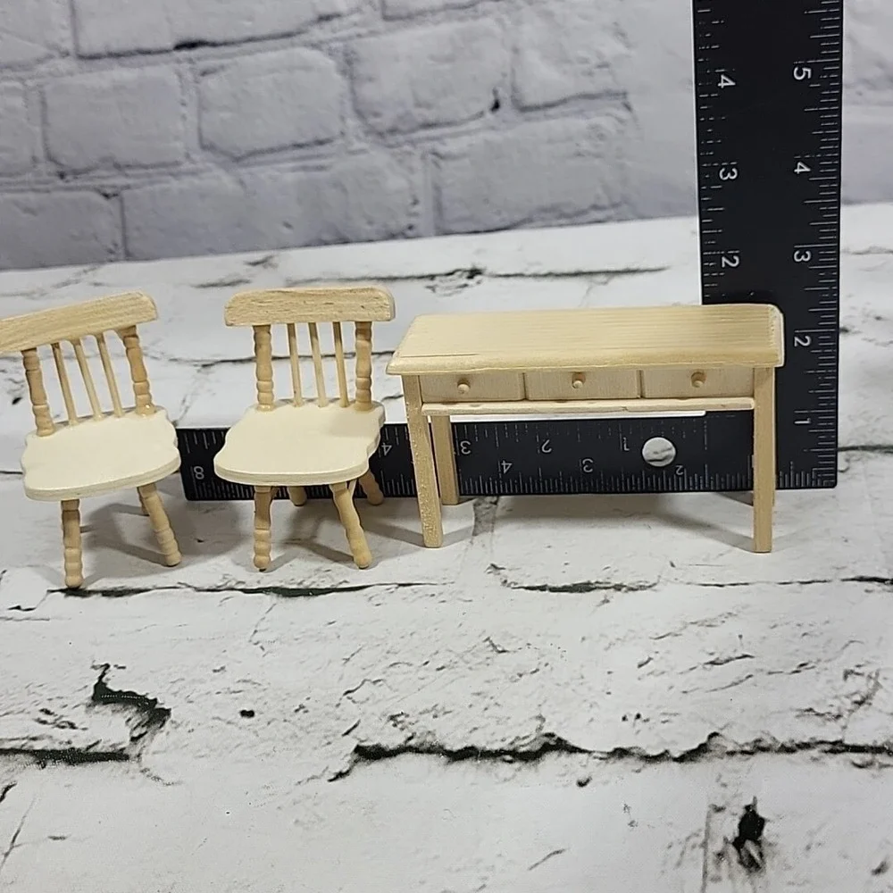 Wooden Dollhouse Furniture Lot Of 3pcs Desk Table Dining‎ Chairs